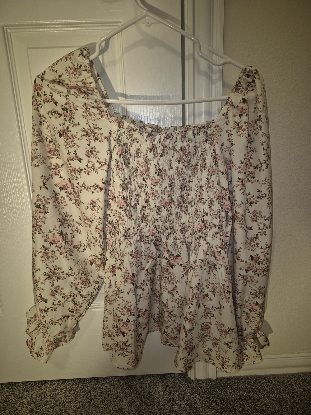 Source Unknown Cream Floral Smocked Peasant Blouse